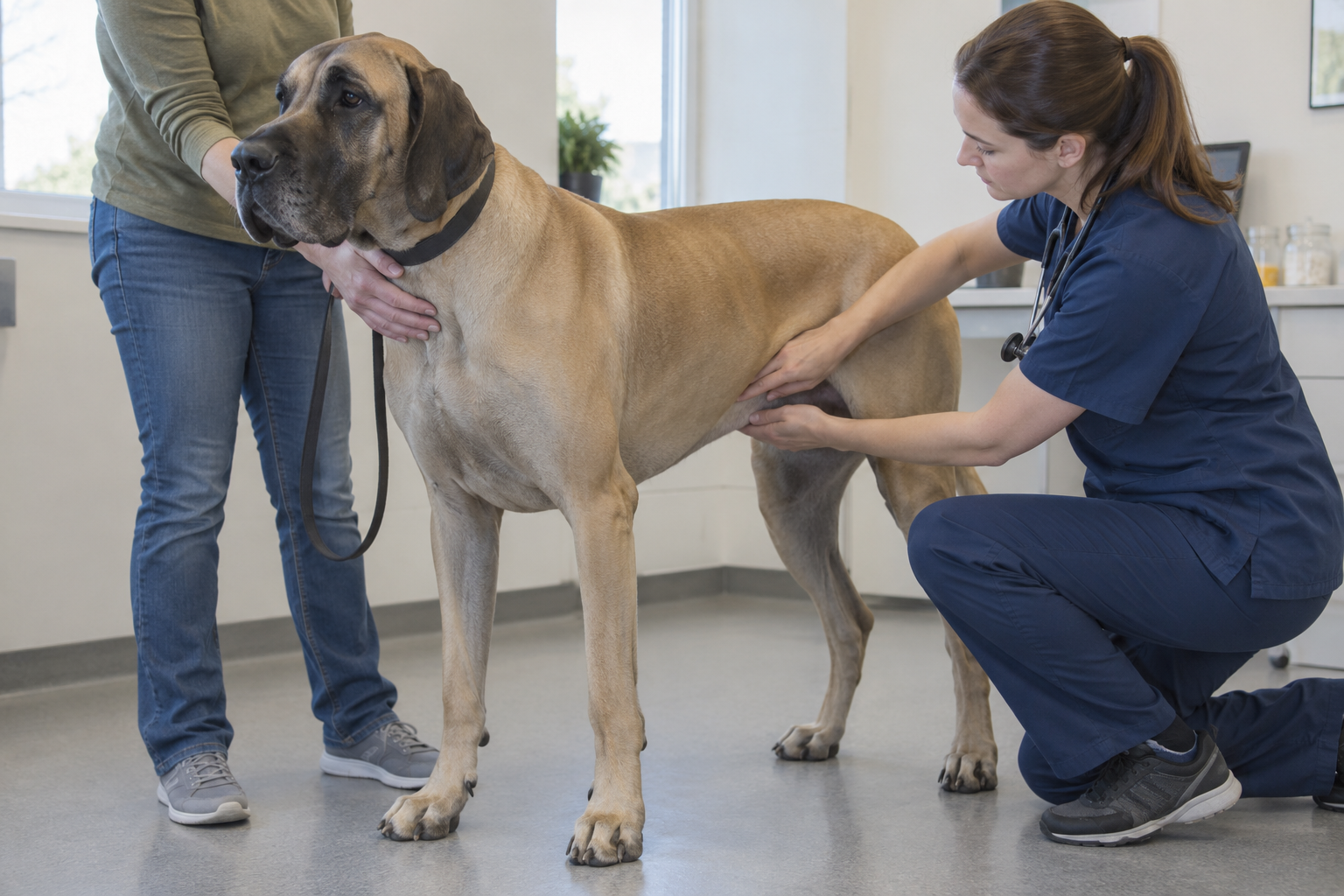 Veterinárka vyšetruje brucho nemeckej dogy pri podozrení na GDV